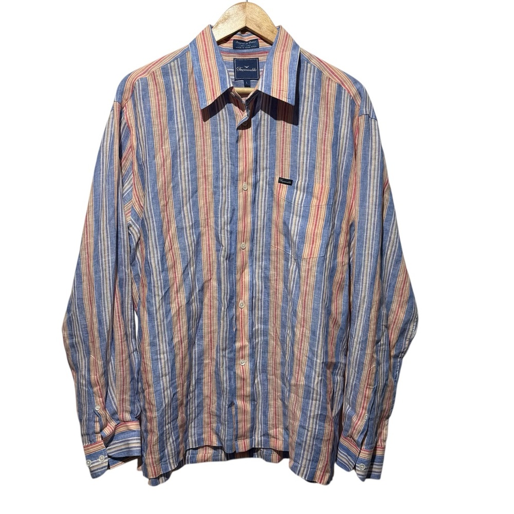 Faconnable 100% Linen Colorful Striped Button Front longsleeve Shirt Mens Size L